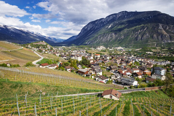 Vignoble de Sierre et village dans la vallée du Rhône en Suisse