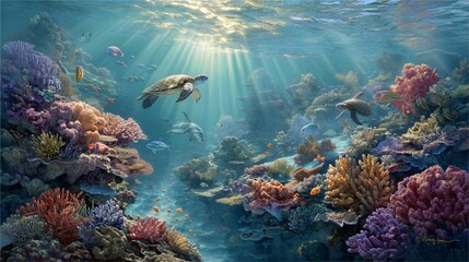 Fototapeta premium Breathtaking Underwater Scene with Sea Turtle, Dolphins, and Colorful Coral Reef. Generative AI