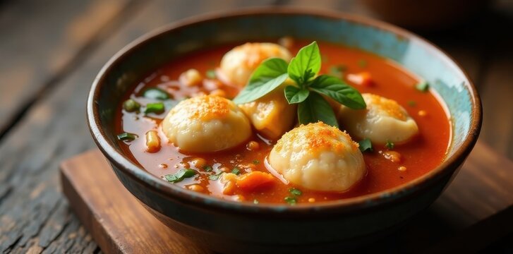 Boiled Hakka pork meatballs & crispy dumplings in vibrant Tom Yum soup , meatball, pork, crispy