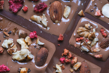 Handmade chocolate close-up. Assorted chocolate with almonds, freeze-dried raspberries and strawberries. . Background for using banners and menus