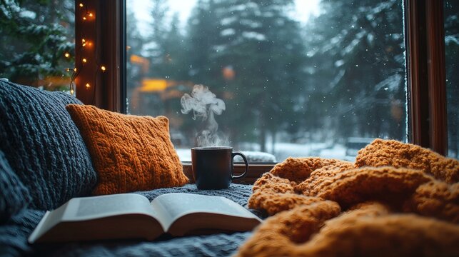 Fototapeta Cozy winter reading nook with a book, hot drink, and pillows by a window overlooking a snowy forest