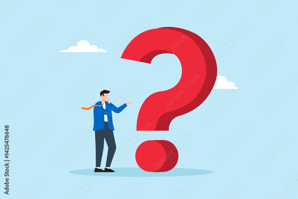 Poster flat illustration of businessman thinks with big red question mark problem solving faq frequently as