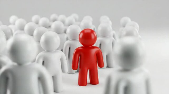 群衆の中心鮮やか赤人物 シンプル構成 際立つ存在感