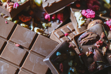 Handmade chocolate close-up. Assorted chocolate with almonds, freeze-dried raspberries and strawberries. . Background for using banners and menus