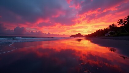 Fototapeta premium Crimson sky reflects on wet sand, Bali's silhouette at sunset , tropical, peaceful