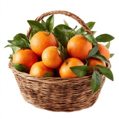 Tangerines in basket with leaves isolated on white background