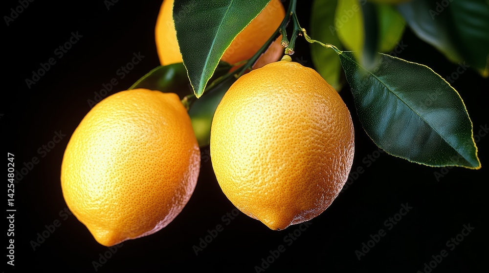 Poster two lemons hanging from a tree branch. the lemons are yellow and have a bumpy texture