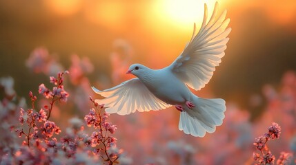 White dove soars in golden light amongst blossoming pink branches in peaceful flight