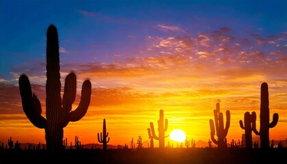 A stunning sunset silhouetting cacti against a vibrant sky, showcasing the beauty of the desert landscape.