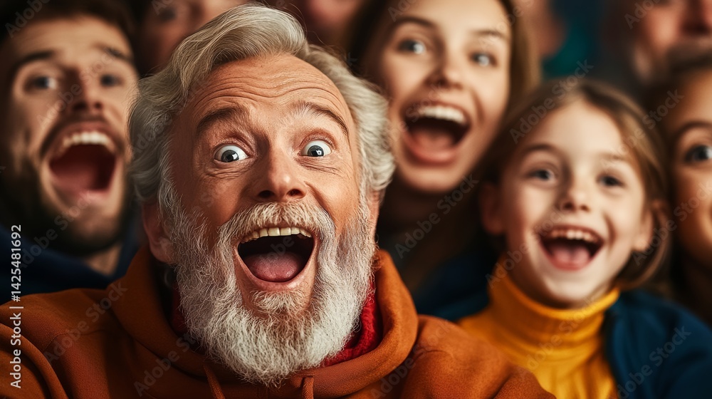 Aufkleber man with a beard and white hair is smiling and laughing with a group of people. the people are also 