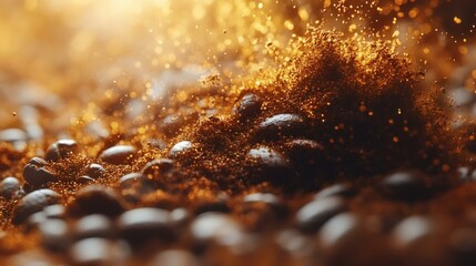 Coffee beans and grounds explosion with glowing particles, creating a dynamic and energetic background texture