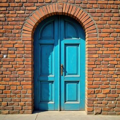 Distressed blue arched wooden door set in antique brick, house, arch, stock photo