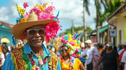 A lively carnival with people dressed in vibrant colors, participating in colorful floats and parades.