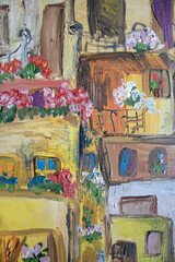 Shabby cement on old historical architecture. Sunny little houses closeup. Charming blooming town original painting.