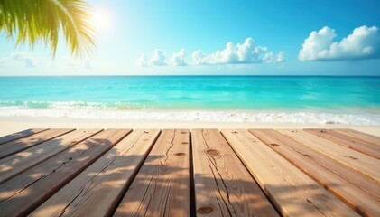 Fototapeta premium Empty rustic planks, soft-focus beach and sea, water, empty
