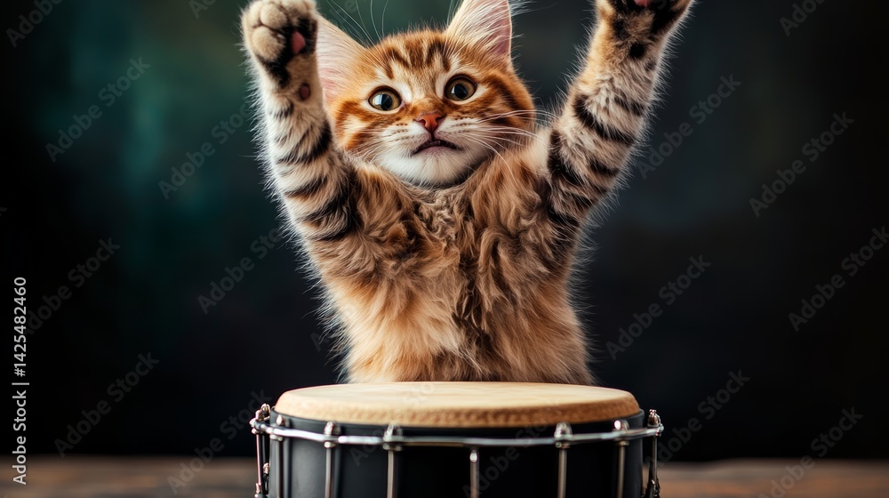 Poster cat is sitting on a drum and appears to be playing it. the cat is looking up and seems to be enjoyin