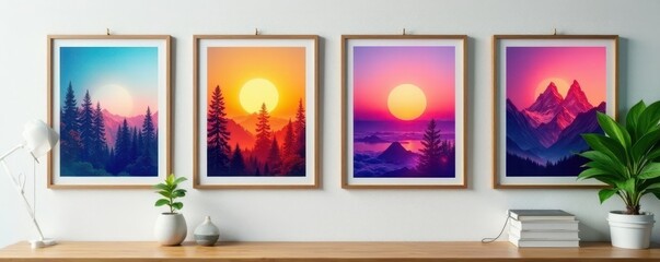 Four customized posters, various styles, hanging on a wall, marketing, clean, pattern