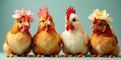 Fototapeta premium Four chickens wearing delicate flower headpieces, posing playfully , photo, playful, headpiece