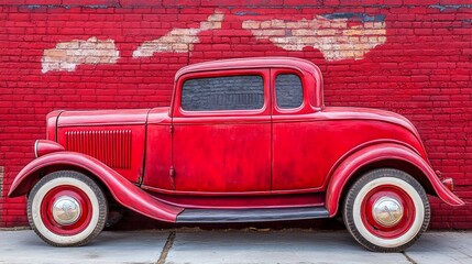 Classic red coupe car parked against a weathered red brick wall. Vintage aesthetic