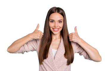Close-up portrait of her she nice-looking attractive lovely cheerful cheery confident straight-haired girl showing double thumbup isolated over bright vivid shine blue green teal turquoise background © deagreez