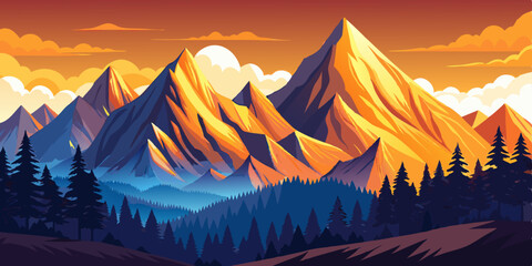 Sunset Mountains Minimal flat design landscape vector art illustration cartoon
