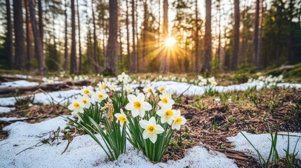 Obraz premium Daffodils blooming in a snowy forest at sunset