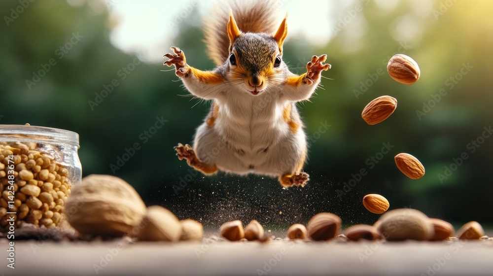 Poster squirrel is jumping in the air and eating nuts. the scene is playful and lighthearted, with the squi