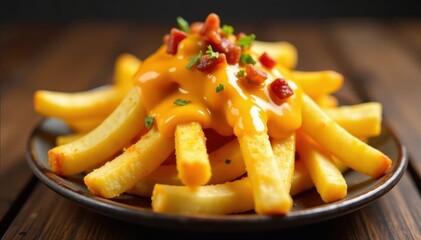 Golden fries drenched in cheese sauce, bacon bits scattered, tasty, delicious, mouthwatering