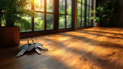 Keys resting on a warmly lit wood surface near a potted plant by a window, symbolizing home ownership and property access