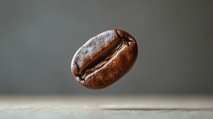 Single Roasted Coffee Bean Floating in Air Against a Neutral Background, Revealing Intricate Details and Textures