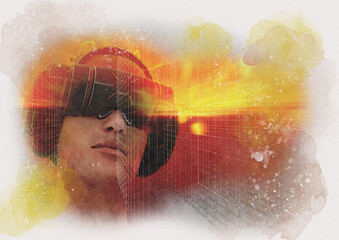 Man wearing virtual reality headset, illustration