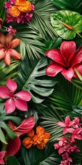 Naklejka premium Flores tropicales vibrantes y follaje exuberante en una composición vibrante y colorida.