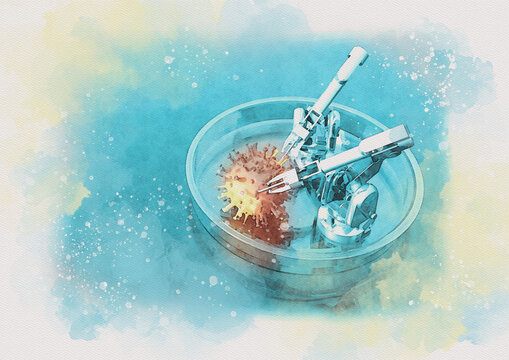Medical robots in biomedical research, conceptual illustration