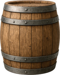 Fototapeta premium Realistic Wooden Beer Barrel with Metal Bands on Transparent Background