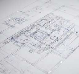 Clean blueprint style technical drawing on white background, technical illustration, perspective, model