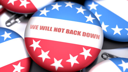 We Will Not Back Down in the USA. Voting button with a phrase: we will not back down. A symbolic view of election importance in America ,3d illustration