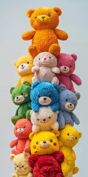 Una pila de ositos de peluche de colores se apilan uno encima del otro contra un fondo gris claro.