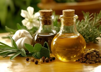 Herbs, Oils, and Spices on Wooden Table