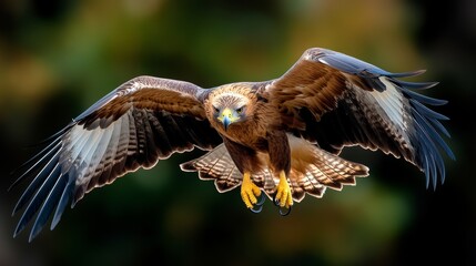 Large brown and yellow bird with yellow feet is flying in the air. The bird has a sharp beak and is looking down