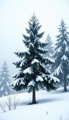 Fototapeta premium Snowy forest landscape with a single tree isolated on white background, snowflakes, nature, quiet