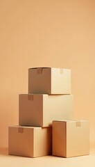 Neatly stacked cardboard boxes, various sizes, plain background, supply, top view