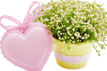 Floral Illustration With Pink Heart and Green Flowers in Yellow Pot