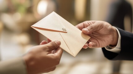 A man is handing a woman a card with a gold envelope