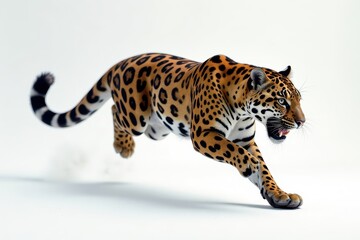 Obraz premium Powerful jaguar leaps across pure white space, animal, fur, sprint