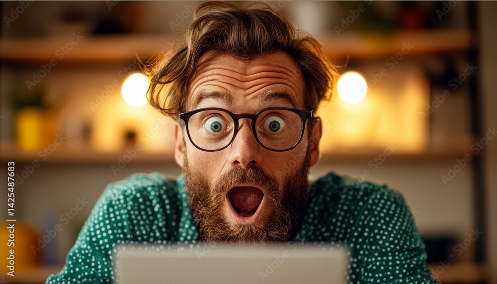 Poster man with glasses and a beard is looking at a laptop screen with an open mouth. he is surprised or sh