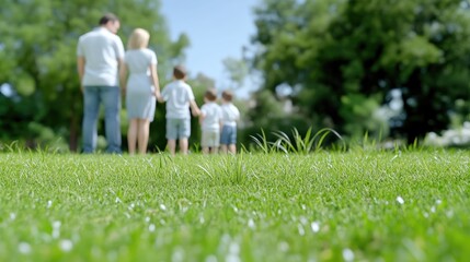 Fototapeta premium Family enjoying a park walk. A happy family walking through a grassy park