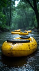 Kayaks on a Rainy Forest River