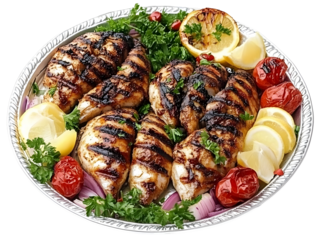 Grilled Chicken Dish with Vegetables on a Silver Plate Illustration