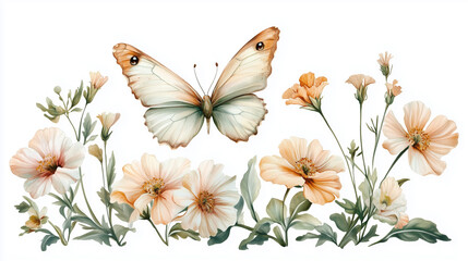Fototapeta premium Delicate Pastel-Colored Butterfly Flying Over Blooming Flowers, Soft and Cheerful Spring Theme, Isolated on White Background, Generated AI 