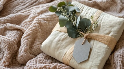 Furoshiki-wrapped gift with eucalyptus and a recycled paper tag .